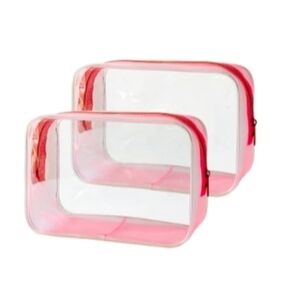 Clear Pink Trim Cosmetic Travel Pouches - Set of 2 Frame Clear Toiletry